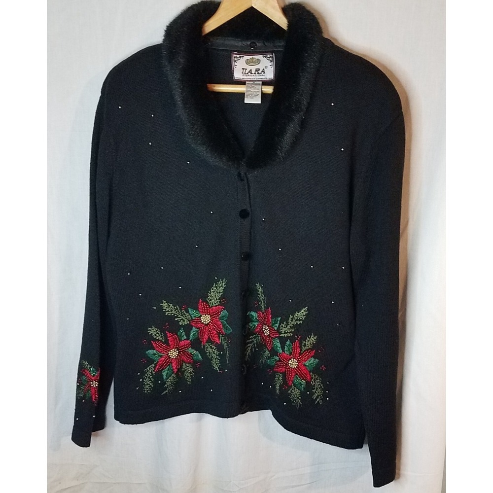 VTG Sweater Christmas Poinsettias Black Beaded‎ Pearls Button Up Cardigan Medium